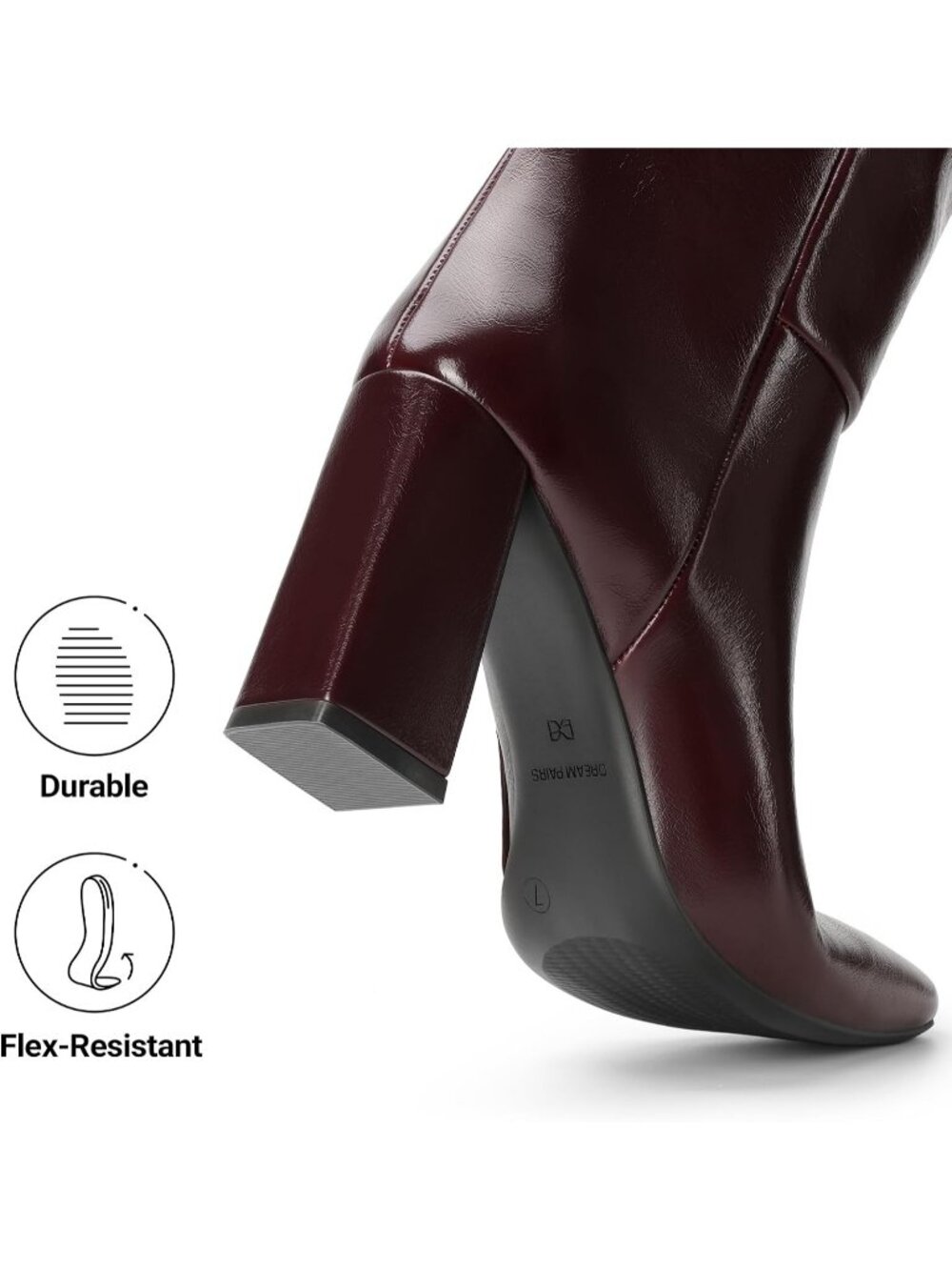 Women's Burgundy Faux Leather Square Toe Block Heel Side Zipper Knee High Boots - Picture 5 of 6
